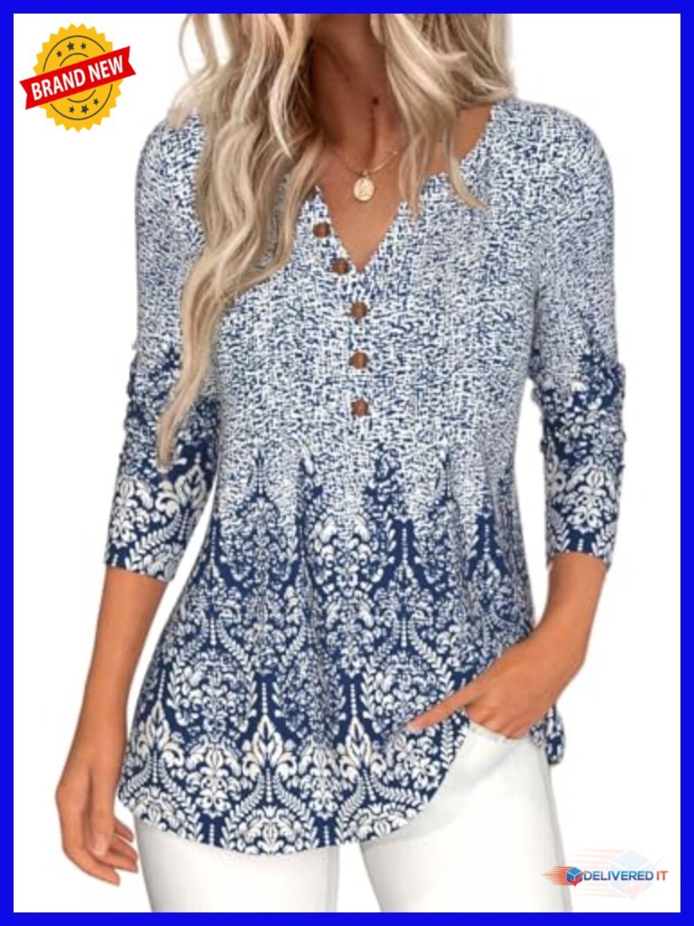 Long Sleeve V-Neck Tunic Top with Tribal Print Flowy Blouse